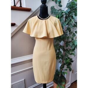 Vince Camuto Yellow Pleated Cape Collar Polyester Sleeveless Knee Length Dress 6